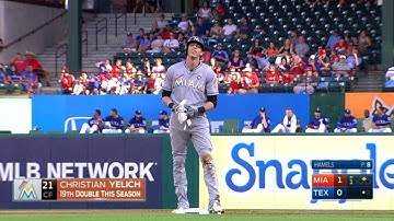 MIA@TEX: Yelich chops an RBI double to right field