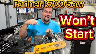 Partner K700 concrete saw won’t start. How to clean a carburetor and get this concrete saw running.