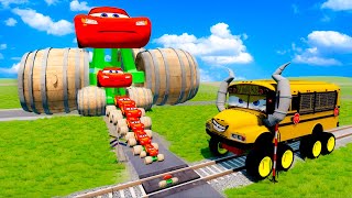 Big & Small LightingMcqueen and and pixar cars truck vs Trains school bus and belaz in BeamNG.Drive