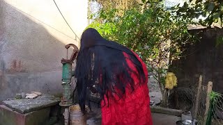 Water Hand Pump Pumping For Beautiful Indian Woman And Shine Long Hair Hair Play For Work Time |