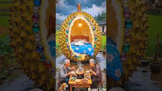 Two Elderly People Eating From A Hot Pot At A Small Table A Huge Durian Fruit