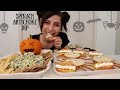 Halloween Mukbang | Spinach artichoke dip, Pizza spiders, Pb&amp;J Spiders, Peanut butter apple teeth