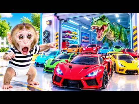 BonBon the Monkey discovers a secret garage filled with colorful cars and escapes the dinosaur