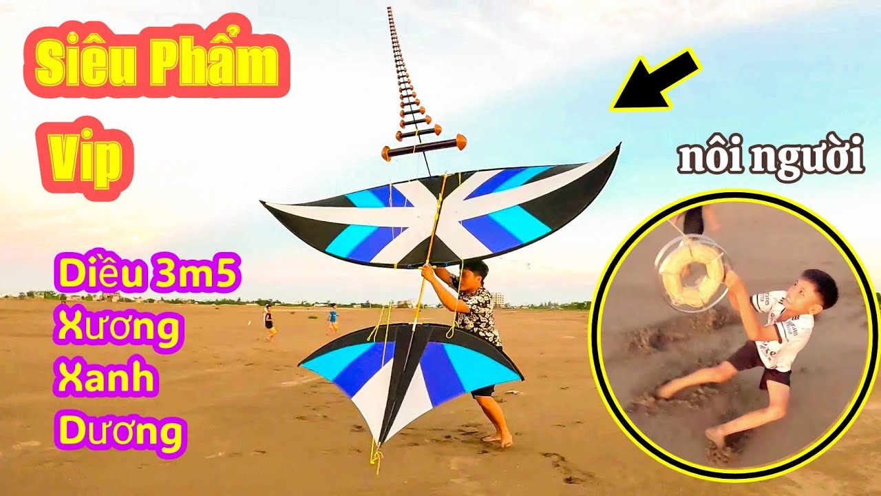 Thả Diều 3m5 Xương Cá Xanh Cõng Bộ Cưa D60 25 Quả Nhôm Bị Kéo Nôi Người