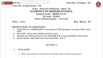 BSC 3RD SEM HONS PHYSICS ELEMENTS OF MODERN PHYSICS DEC 2022 | PTU