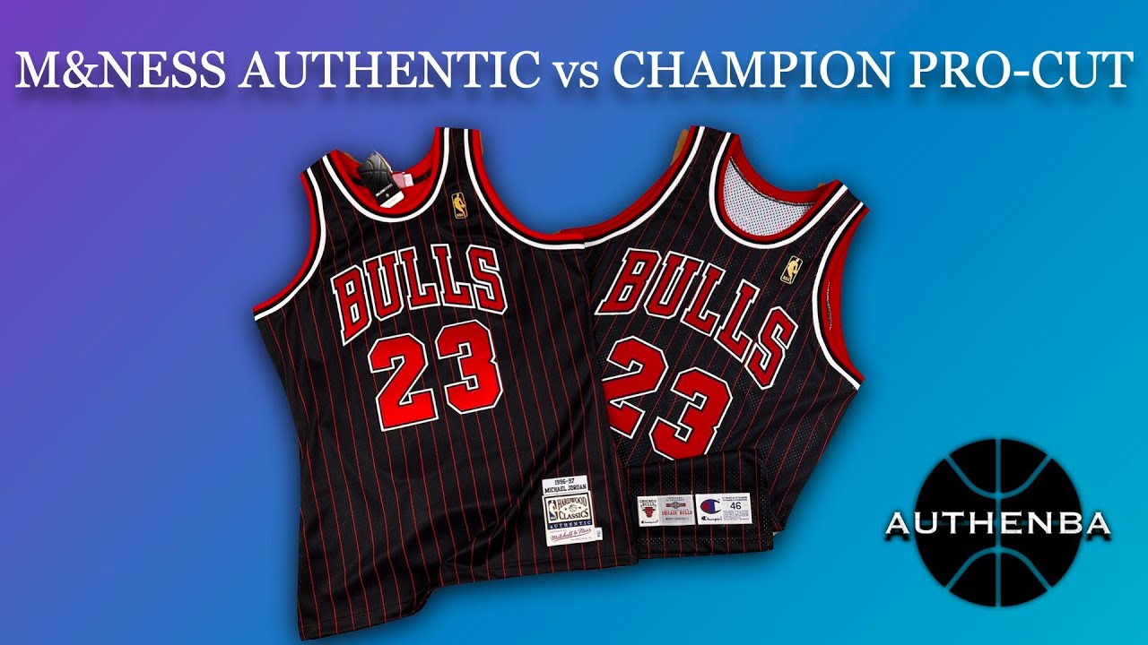 Michael Jordan Bulls 96/97 Pro-Cut Champion vs Mitchell & Ness Authentic  pinstripe jersey comparison 