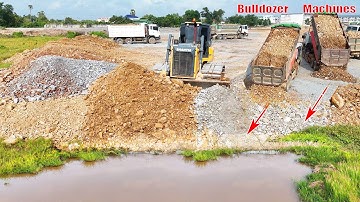 OMG! Extreme Stone Landfill Use Big Bulldozer SHANTUI HD17C3 Massive Pushing Stone into flood land