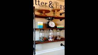 Industrial Open Pipe Shelving Materials needed: 9 1/2" width wood ( I used wood cut at 38" each shelf) (14) 1/2" 10" length black pipe (4) 1/2" 5" length black pipe (