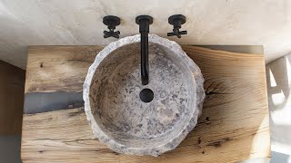 Silver Travertine Rustic Stone Vessel Sink Honed Interior Hand Chiseled Exterior D16 H6