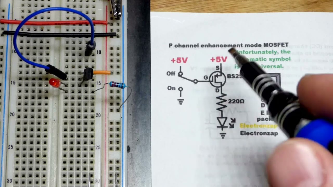 P channel enhancement mode MOSFET transistor switch circuit basics learning electronics shorts 23
