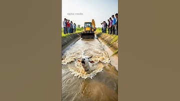 Loader Driver Rescues Cow Drowning Into Fast flowing River! #humanity #cow #animals #rescue #pets