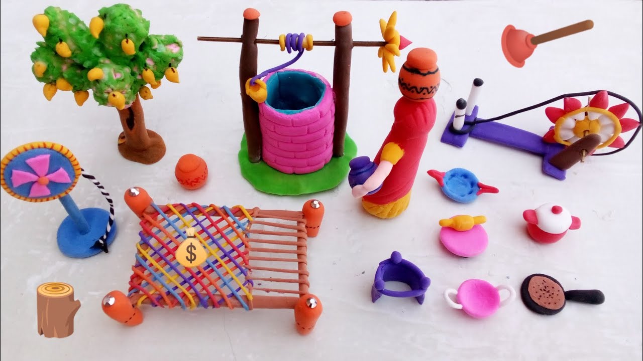 DIY How to make polymer clay miniature house, kitchen set, water wells, Doll, Tree, Kite | Clay 