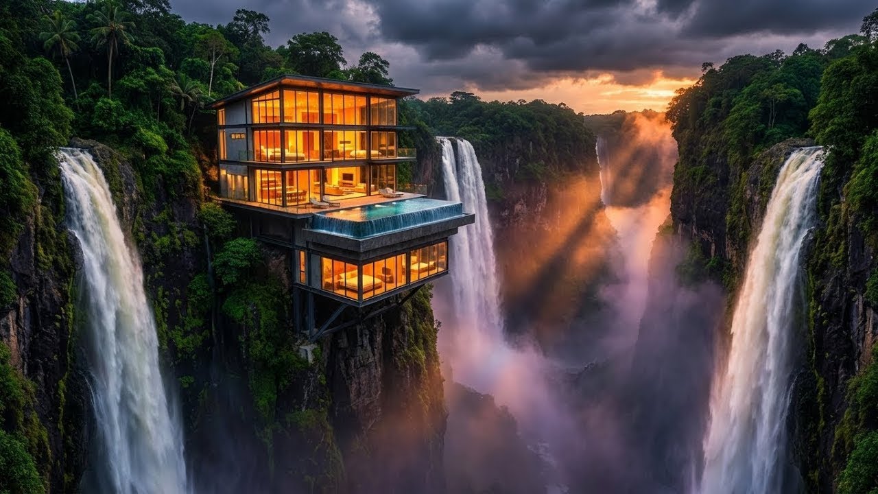 Building a Modern Tree House on a Cliff Above a Waterfall | Cinematic ASMR