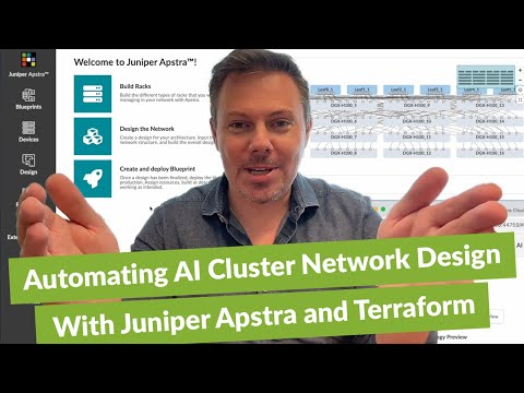 A screenshot from the video of host James Kelly, Senior Director of Product Management, Juniper Networks as he speaks. Text appears over the image that says, “Automating AI Cluster Network Design With Apstra and Terraform.”