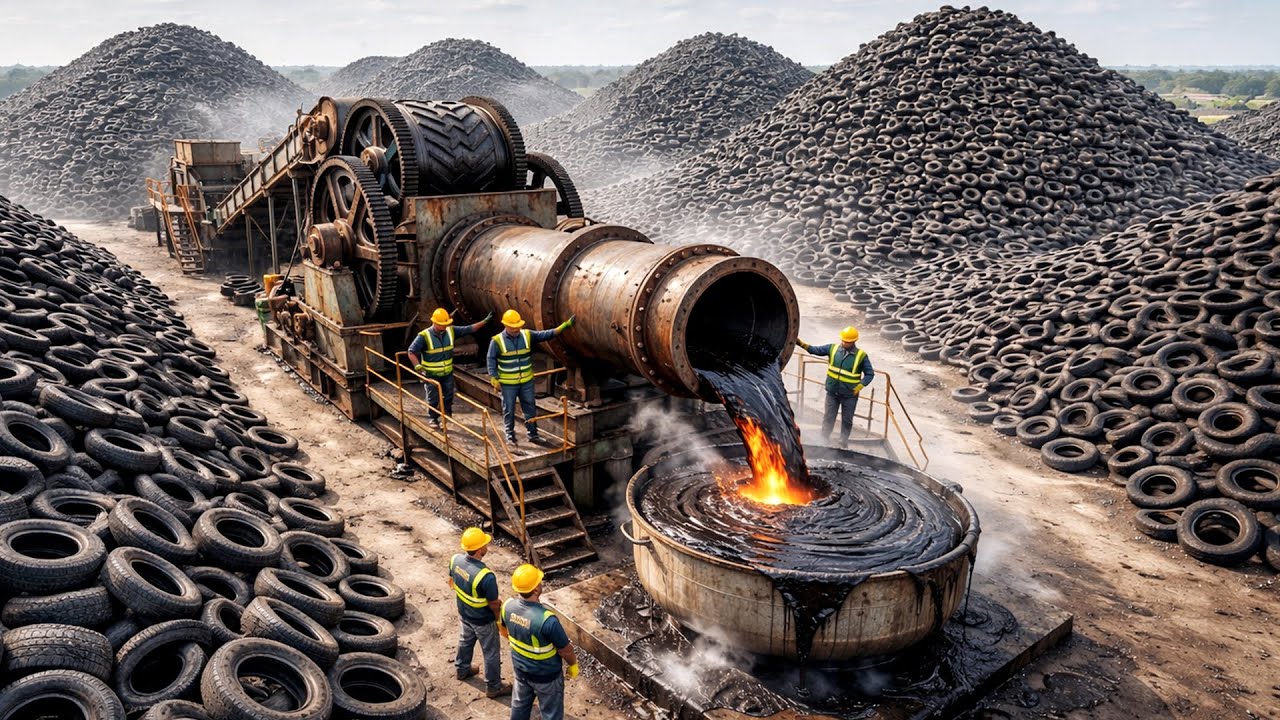 Millions Of Waste Truck Tyres Melted | Scrap Tyres Turned Into Strong Roads | Mega Recycling Process