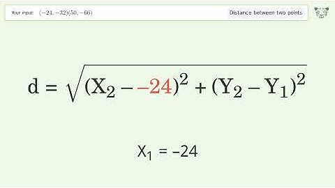 Find the distance between two points p1 (-24,-32) and p2 (50,-66): Step-by-Step Video Solution