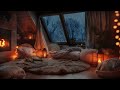 Rainy attic retreat  cozy space with sleeping cat and fireplace