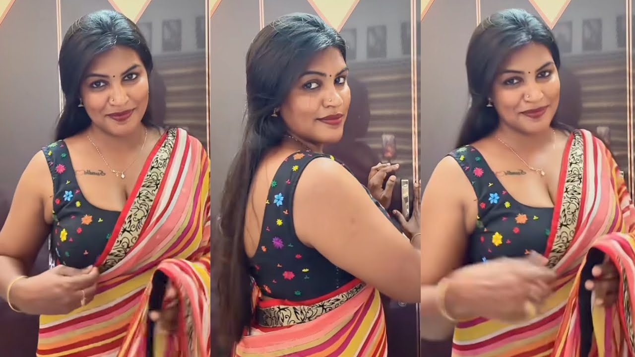 Хлопковое сари в полоску с дизайнерской каймой и блузкой, украшенной разноцветной цветочной вышив...