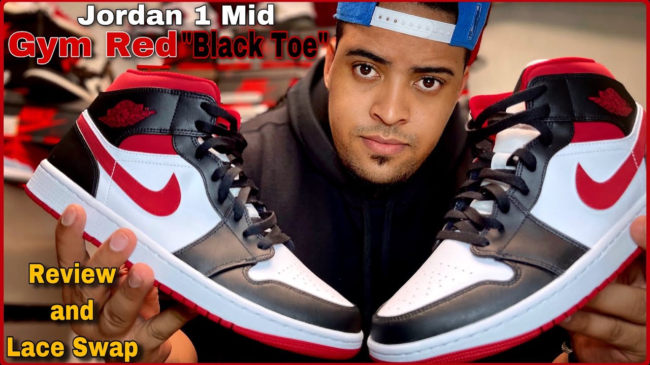 Jordan 1 mid Metallic Gym Red “Black Toe” Review and Lace Swap On Feet ...