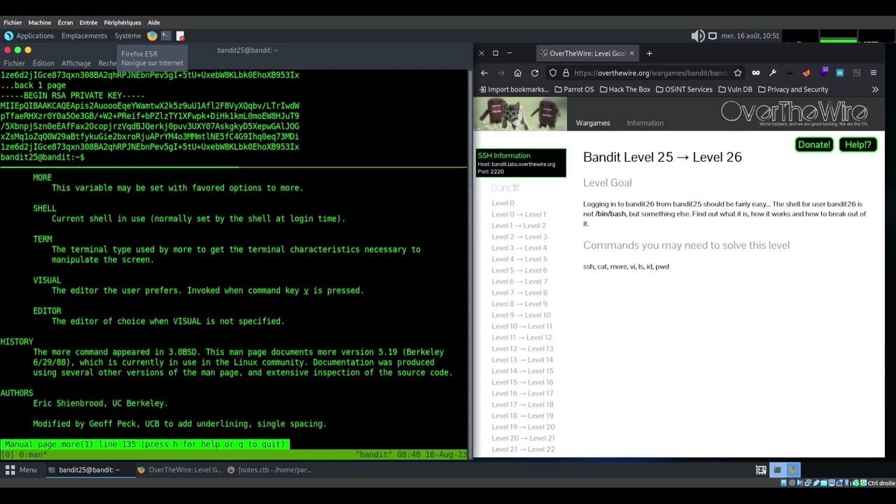 Apprendre les commandes Linux avec les challenges  OverTheWire CTF (bandit 25-26)