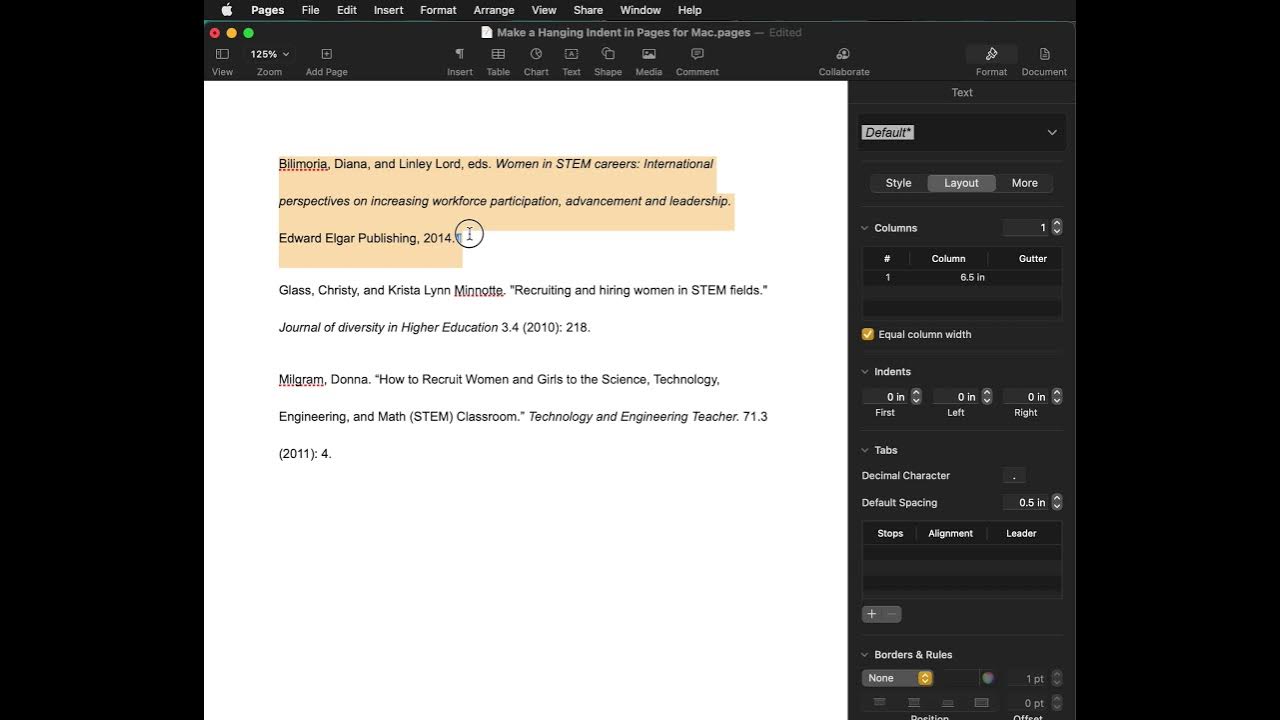 How to make Hanging Indents on Pages for Mac (MLA and APA citations