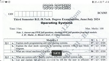 Vtu 3rd sem Operating systems | BCS303 June/July 2024 questions paper #vtu