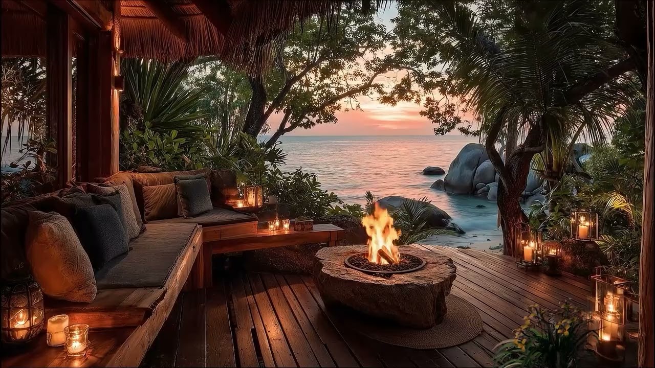 Ocean Waves & Crackling Fire Sounds | Cozy Seaside Porch Sunset for Relaxation & Meditation