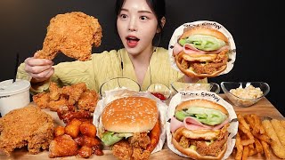 SUB)Mom's Touch Burgers With Crispy Fried Chicken, Cheese Sticks, and Fries Mukbang Asmr