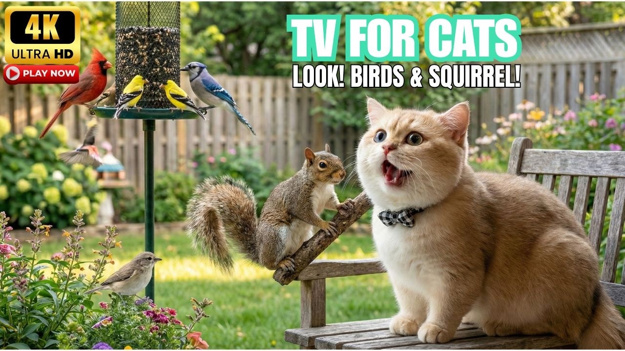 Cat TV 🐾 Calm Bird Moments That Keep Cat Watching With Sudden Squirrel Visits | 1+ Hour 4K UHD
