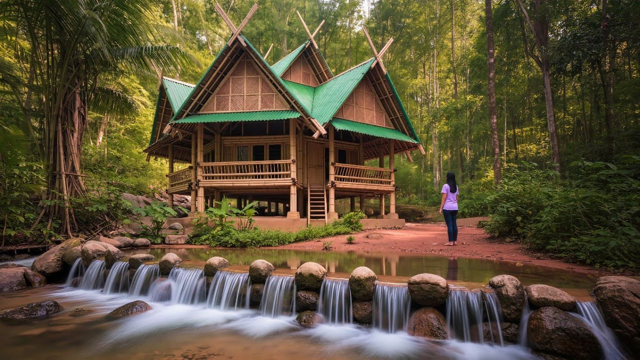 The bamboo house shines in the countryside | Asian girl builds her own bamboo house. @lymaica1995
