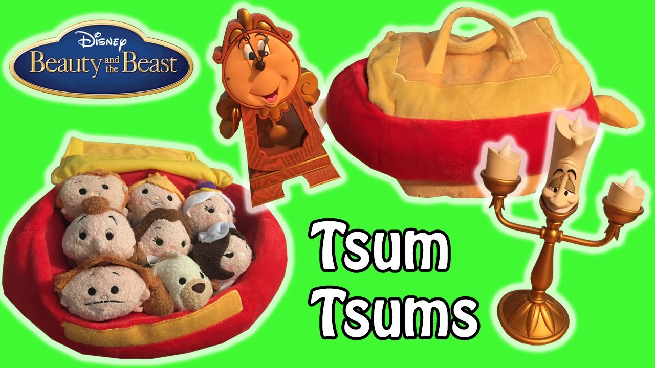 Disney Beauty And The Beast Tsum Tsum Set Of 8 + Footstool Carrying Case With Lumiere & Cogsworth