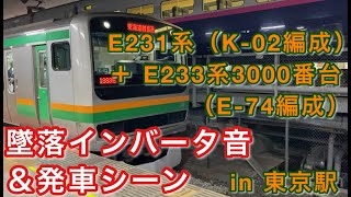 E231系（K-02編成）＋ E233系3000番台（E-74編成）  上野東京ライン “普通 小田原行き” 東京駅を発車する。 2021/04/15