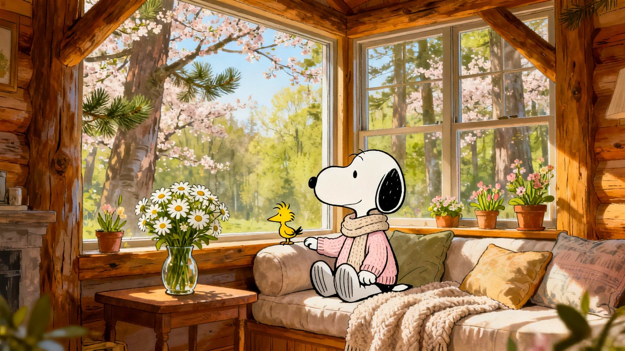 🌸 Snoopy Cozy Spring Cabin Morning 🌿 Soft Lo-Fi Beats & Warm Forest Sunlight  Relax & Study