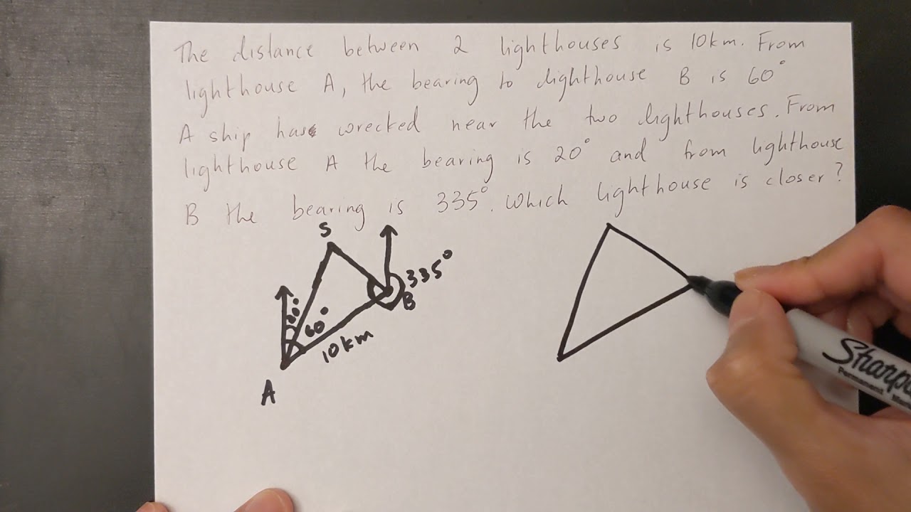 Grade 11 Math - Solving triangles with bearings (word problem) (lesson 5.6)