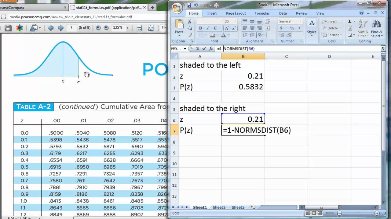 Using MS Excel Instead of a Standard Normal Distrib Table - YouTube