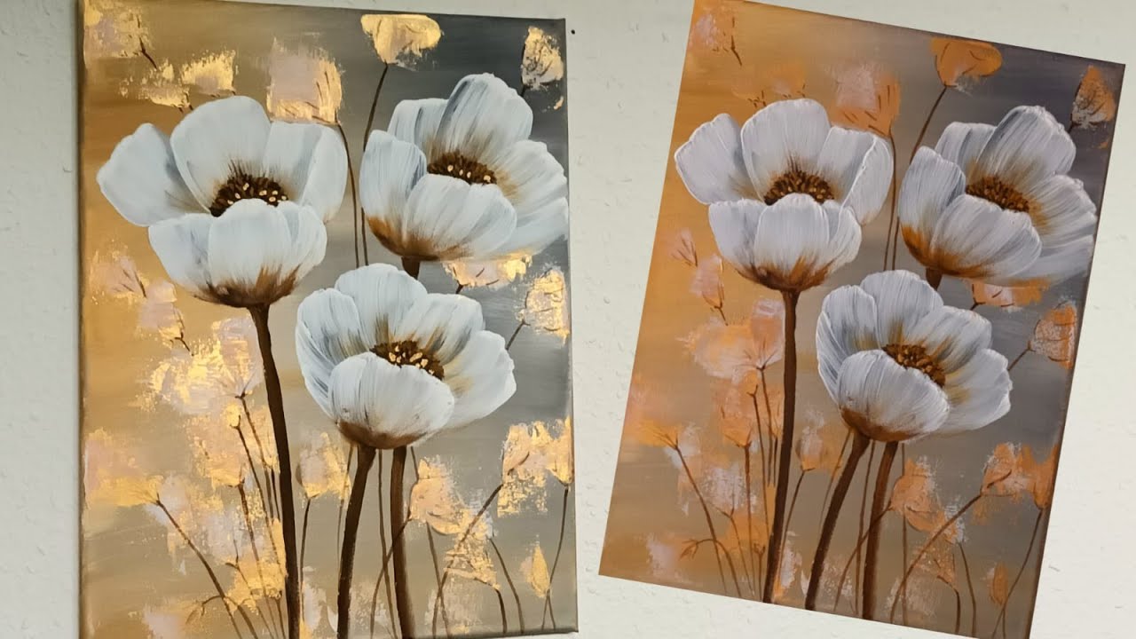 Blumen Malen Acrylfarben Weiß Ocker Gold / Anfänger - Flowers Acrylic Painting White Gold Beginners