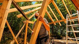 Log Cabin Expansion Roof Frame, Workshop Ready for Doors / Off Grid Log Cabin in The Forest