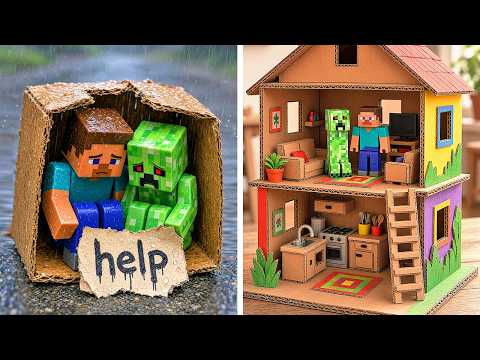 Let's Save Creeper And Steve 🥹 Cardboard Mini House DIY!