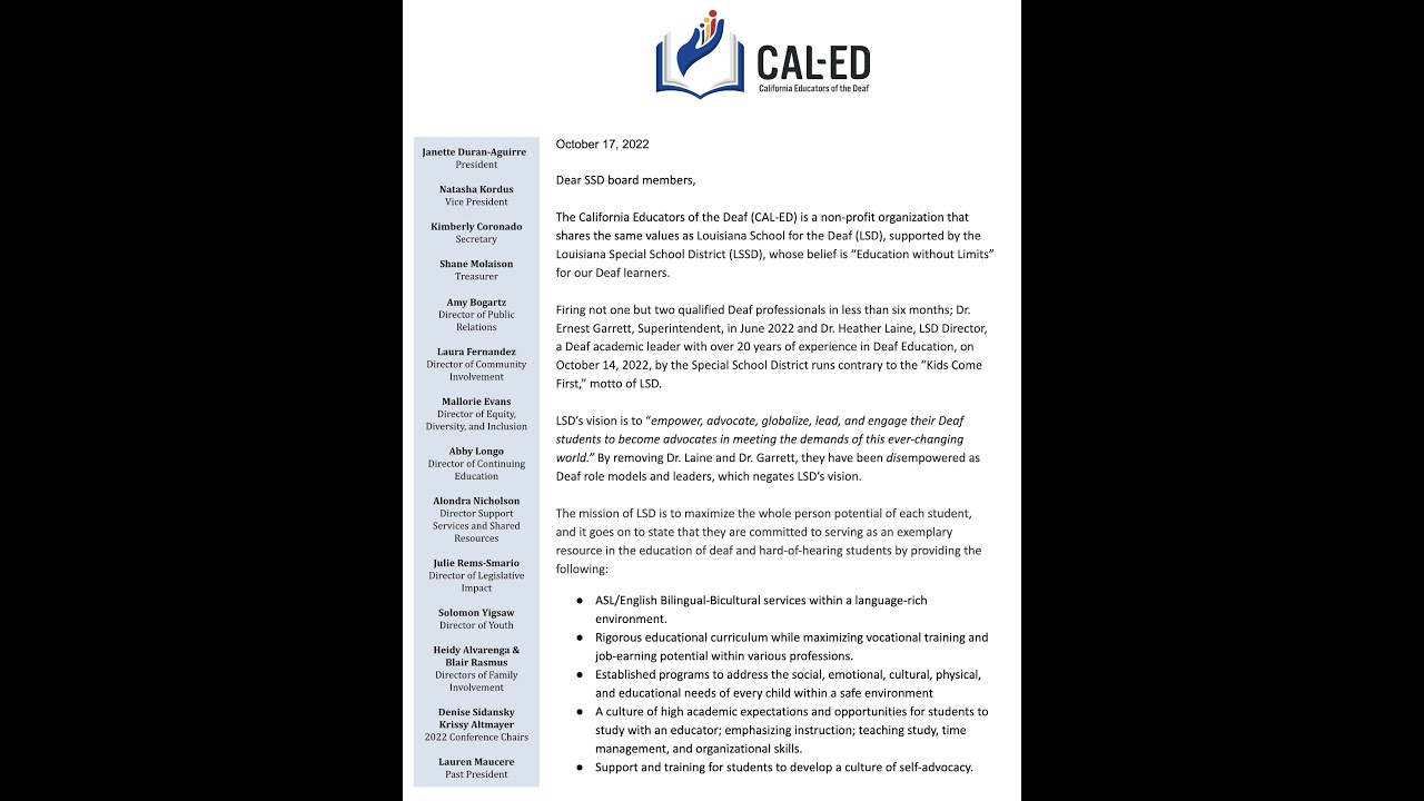 CAL-Ed Open Letter to Louisiana School for the Deaf's School Board