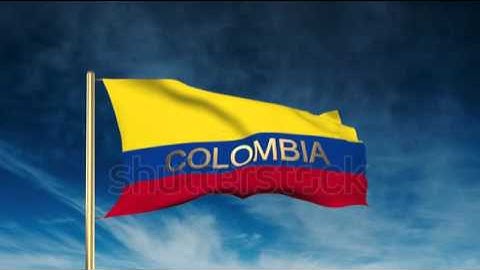Colombia flag slider style with title. Waving in the wind with cloud background animation Stock