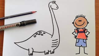 كيفية رسم ديناصور للاطفال | تعليم الرسم للاطفال : رسم ديناصور سهل جدا
