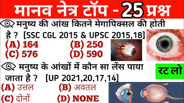 मानव नेत्र | human eye | manav netra Objective Questions | Important Questions #manavnetra