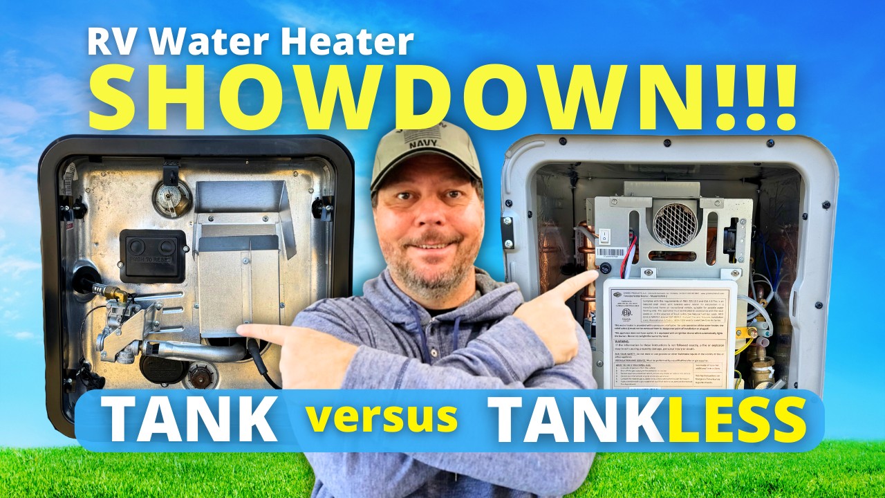 RV water heater comparison showing tank vs tankless models side by side