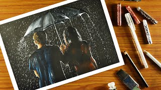 Oil pastel drawing Rainy season/Couple Under Umbrella in Rainy Night oil pastel drawing-STEP by STEP