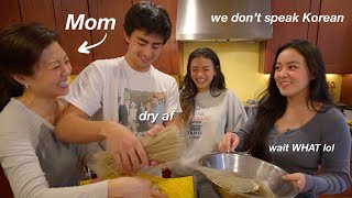 cooking a Korean recipe but our mom instructs us ONLY in KOREAN