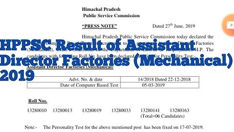 HPPSC Result of  post(s) of Assistant Director Factories (Mechanical)2019
