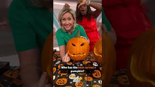 ANNUAL PUMPKIN CARVING CONTEST 🎃 Who had the best carved pumpkin, Jen (left) or Melanie (right)?
