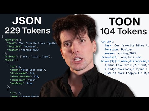 Thumbnail for TOON: “JSON for AI” (is it any good?) 14 minutes, 20 seconds"}}},"descriptionSnippet":{"runs":[{"text":"J