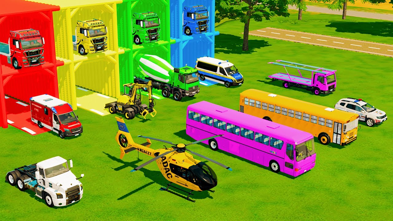 TRANSPORTING AMBULANE AND POLICE CARS, CONCRETE MIXER TRUCK, HELICOPTER, BUSES TO GARAGE - FS22