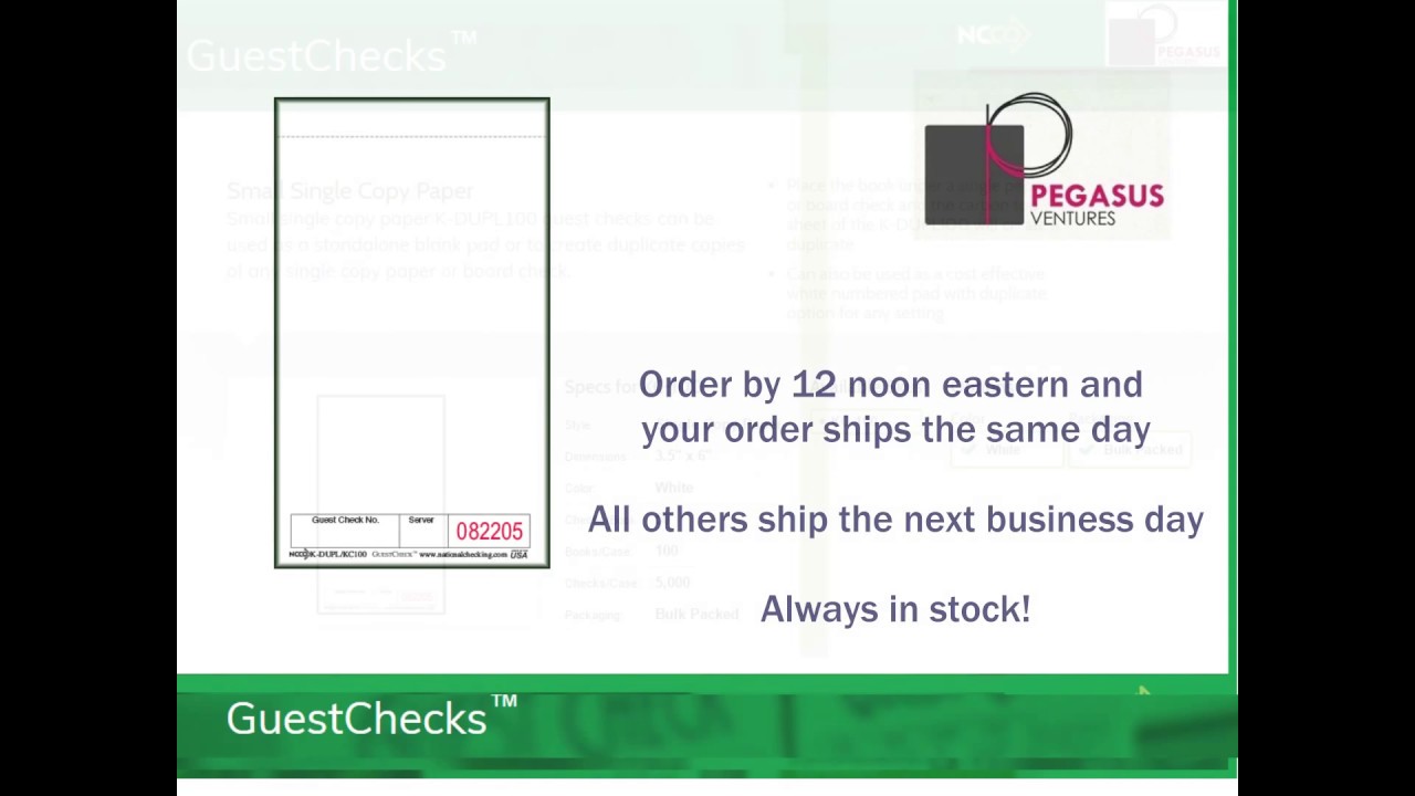 KC-100 National Checking brand guest checks;standalone blank pad or to create duplicate copies
